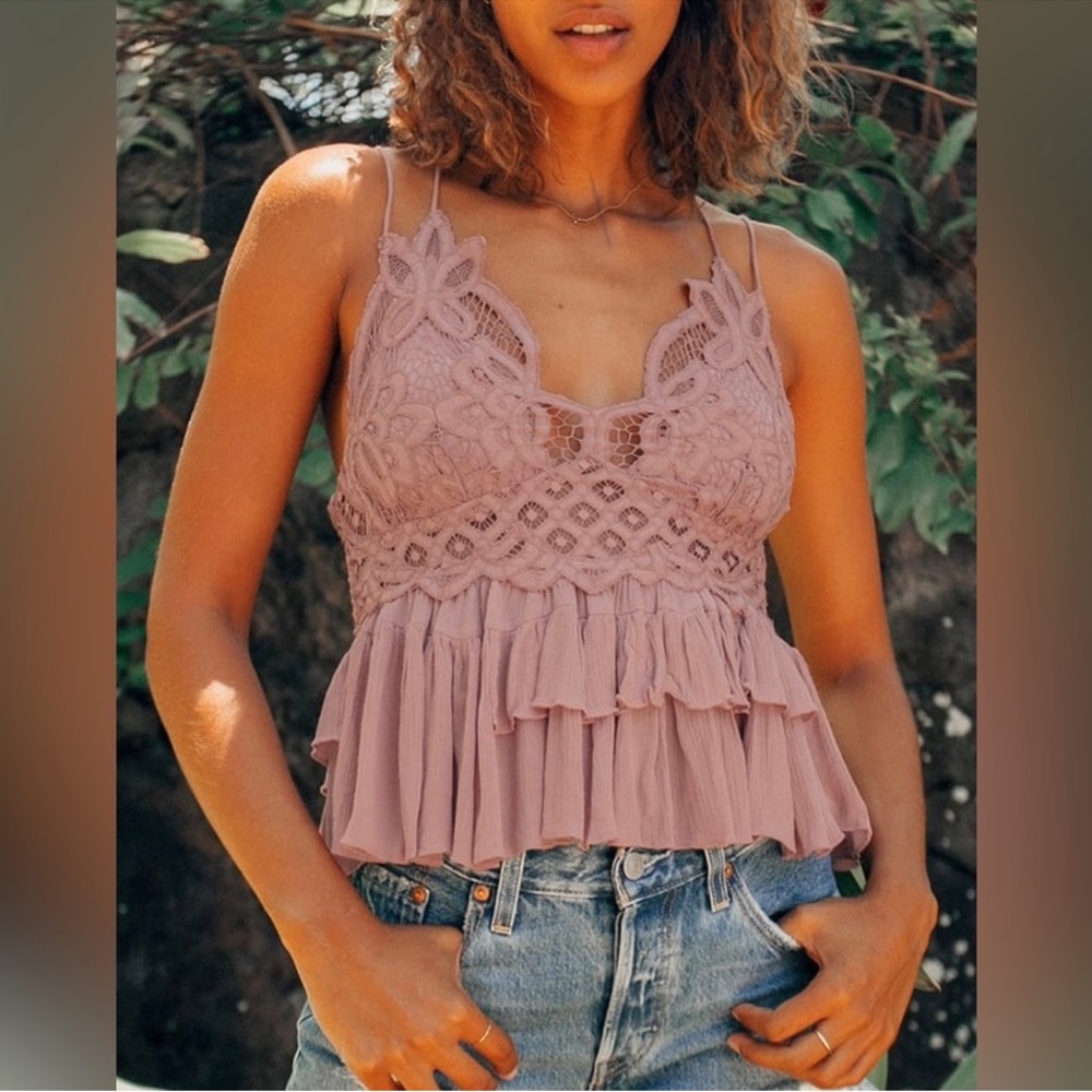 NWT Free people adella cami boho crochet lace ruffle mauve small